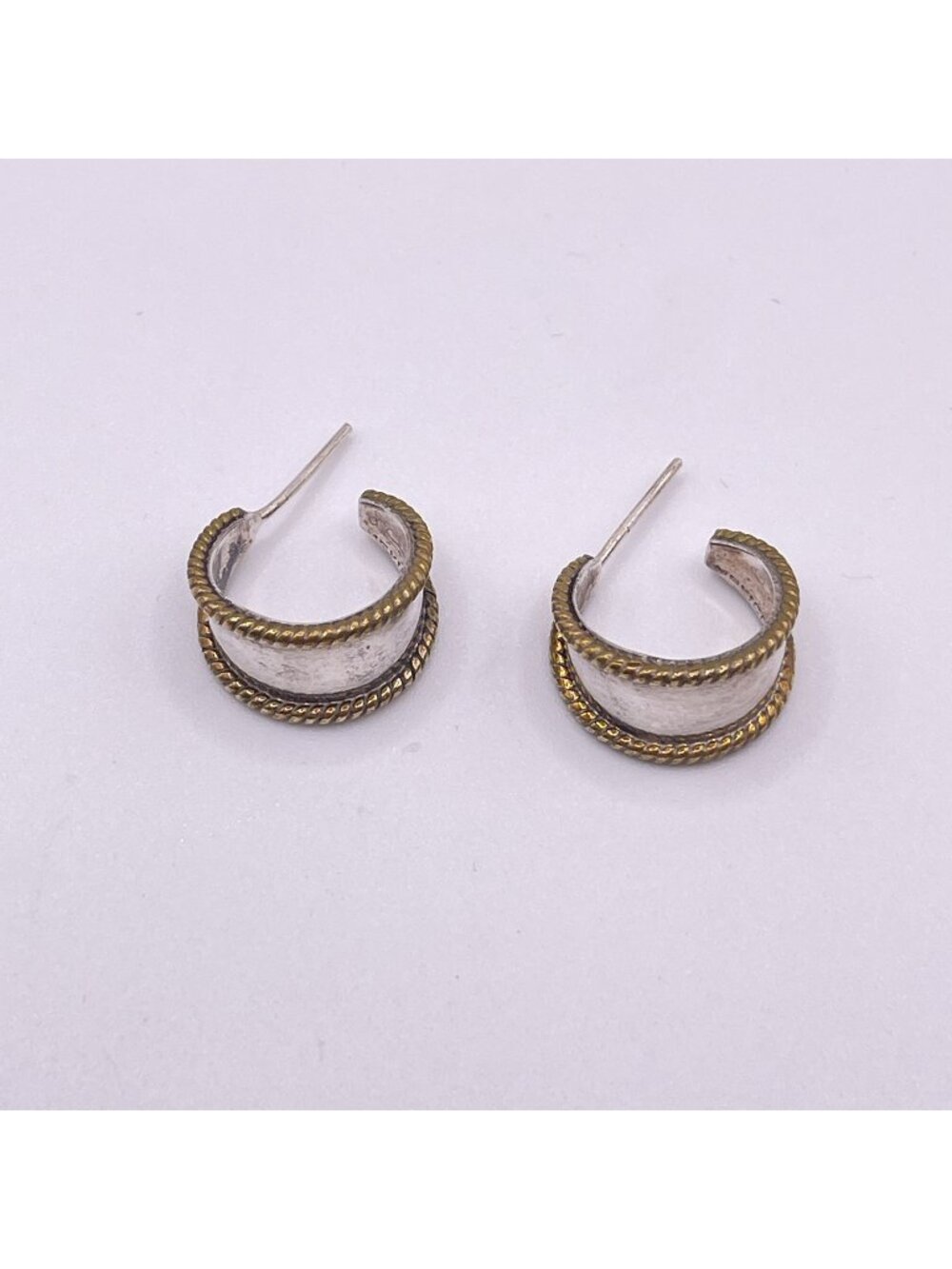 Sterling Silver & Brass Rope Edge Hoop Earrings Vintage Style Lightweight 925 M